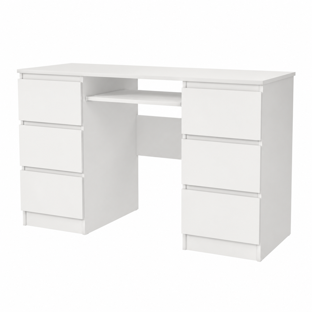 Bureau d'ordinateur moderne avec 6 tiroirs, blanc, 135 cm