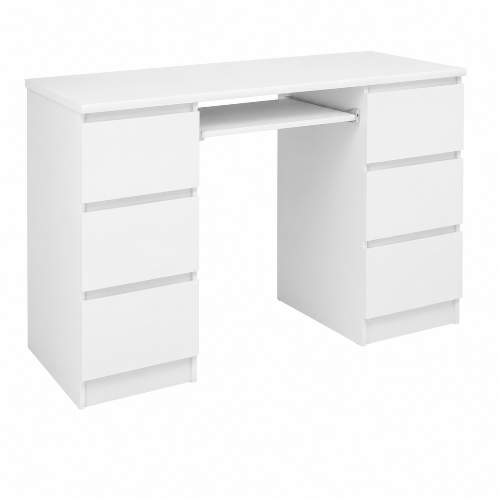 Bureau d'ordinateur moderne avec 6 tiroirs, blanc, 135 cm
