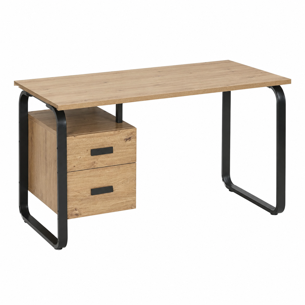 Bureau en bois chêne avec structure en métal noir, 120x60x76 cm
