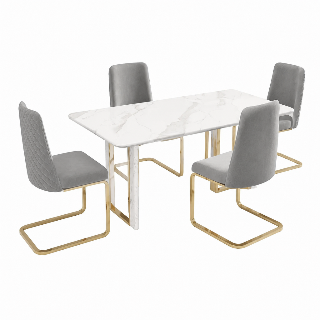 Ensemble de 4 chaises en velours gris avec pieds dorés