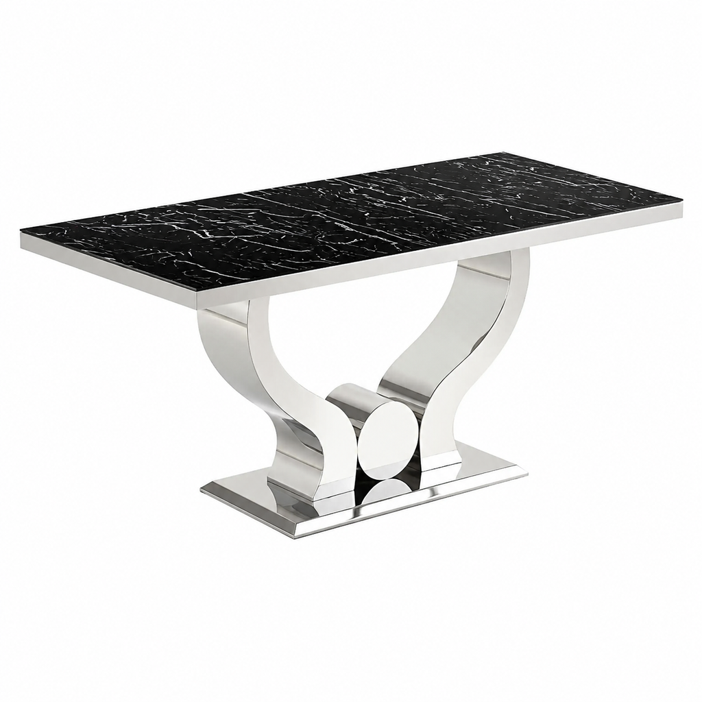 Table à manger en verre effet marbre noir pour 4 à 6 personnes