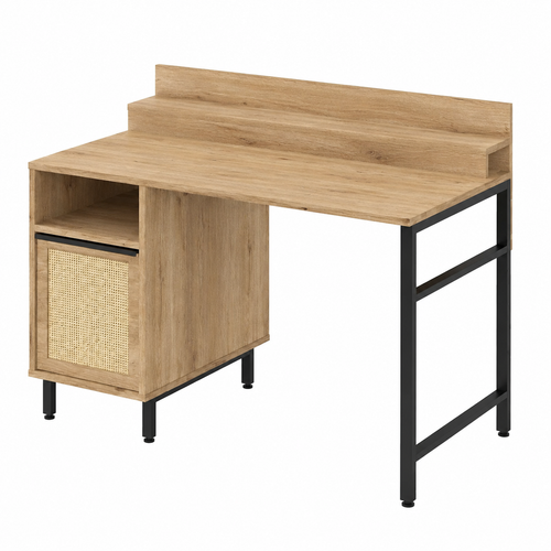 Bureau avec espace de rangement et étagère en bois et rotin clair