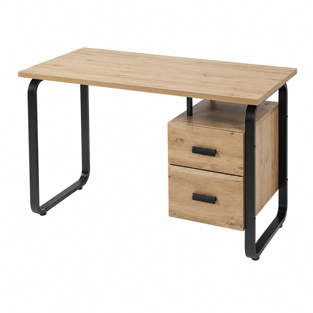 Bureau en bois chêne avec structure en métal noir, 120x60x76 cm