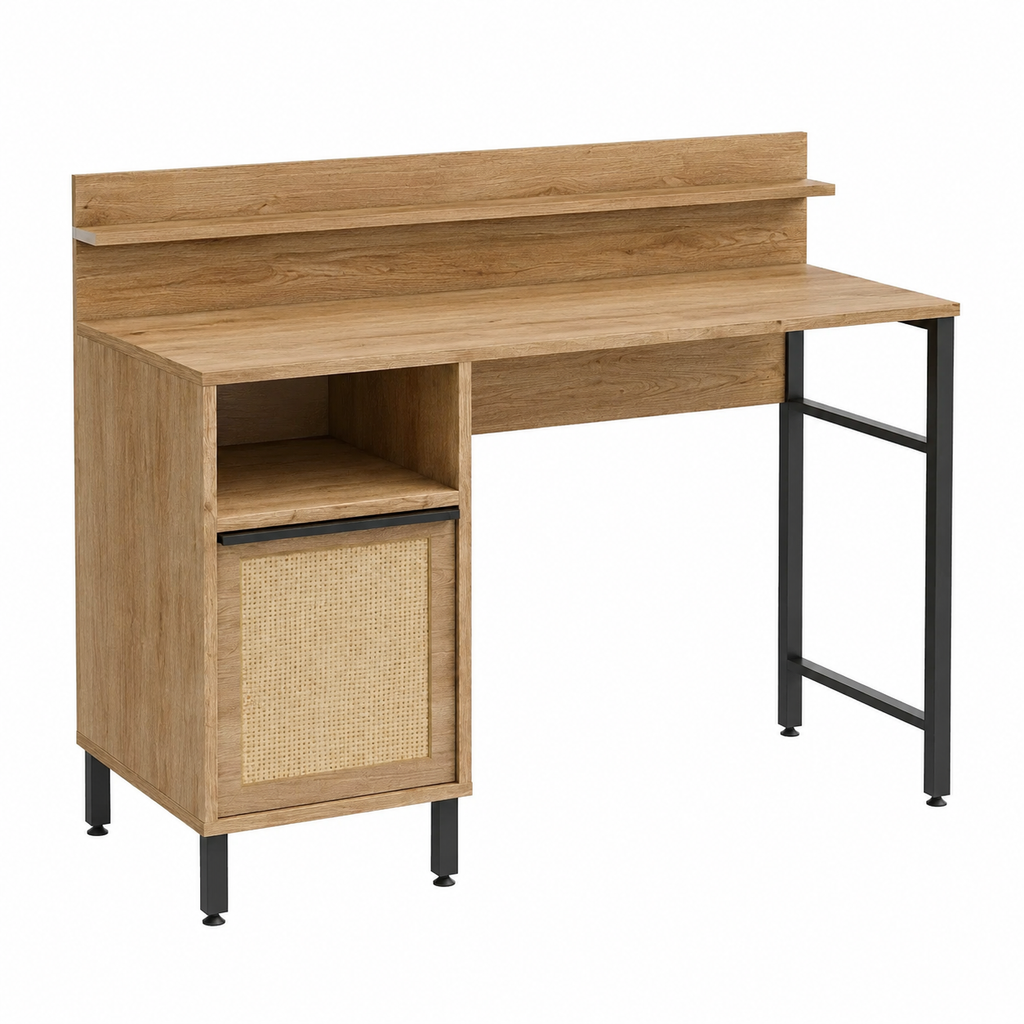Bureau avec espace de rangement et étagère en bois et rotin clair