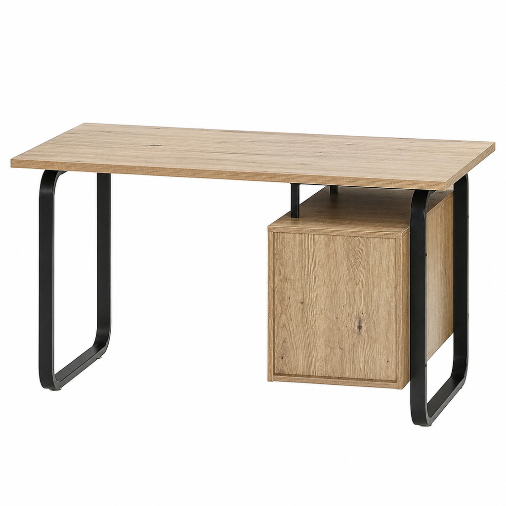 Bureau en bois chêne avec structure en métal noir, 120x60x76 cm