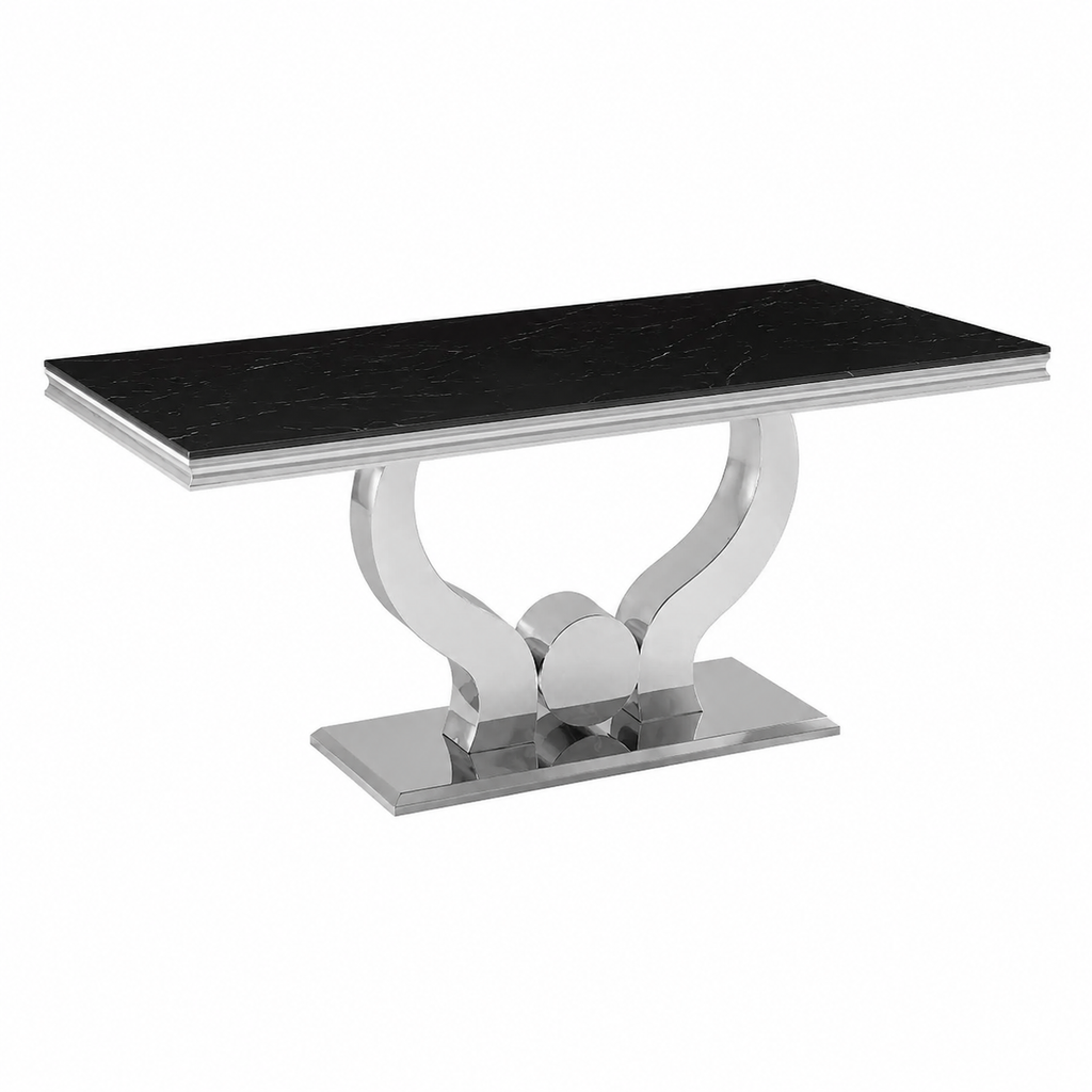 Table à manger en verre effet marbre noir pour 4 à 6 personnes