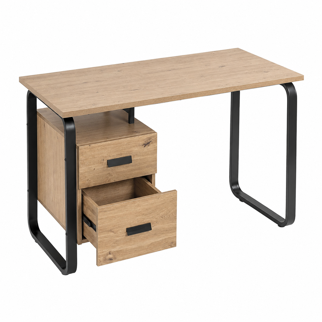 Bureau en bois chêne avec structure en métal noir, 120x60x76 cm