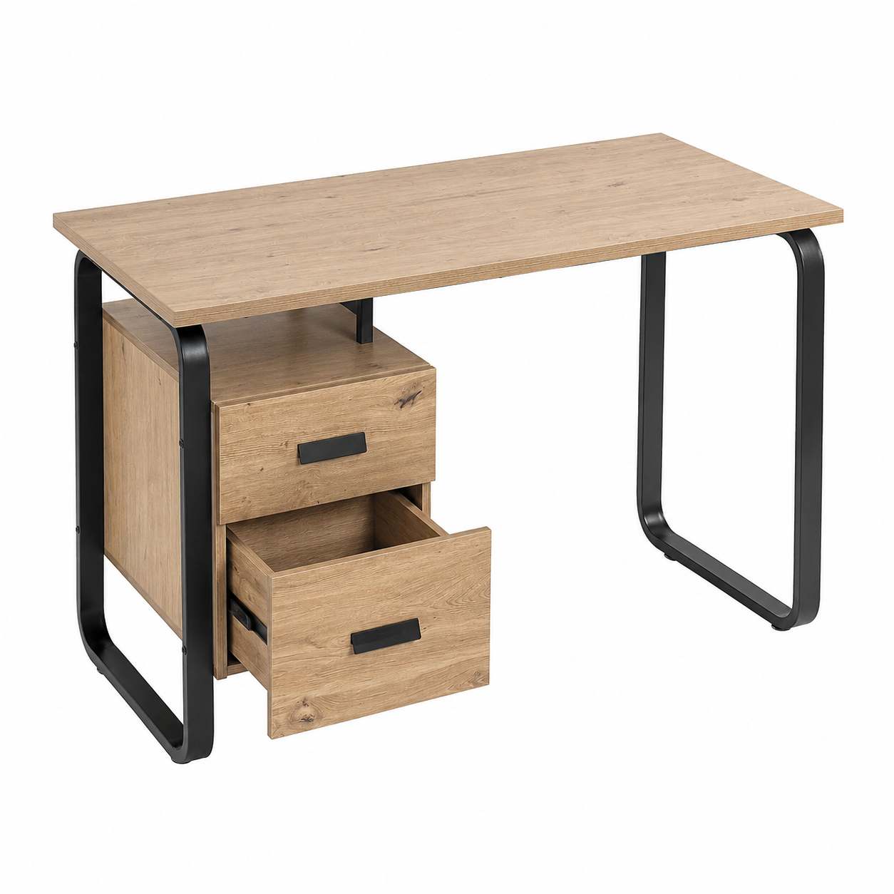 Bureau en bois chêne avec structure en métal noir, 120x60x76 cm