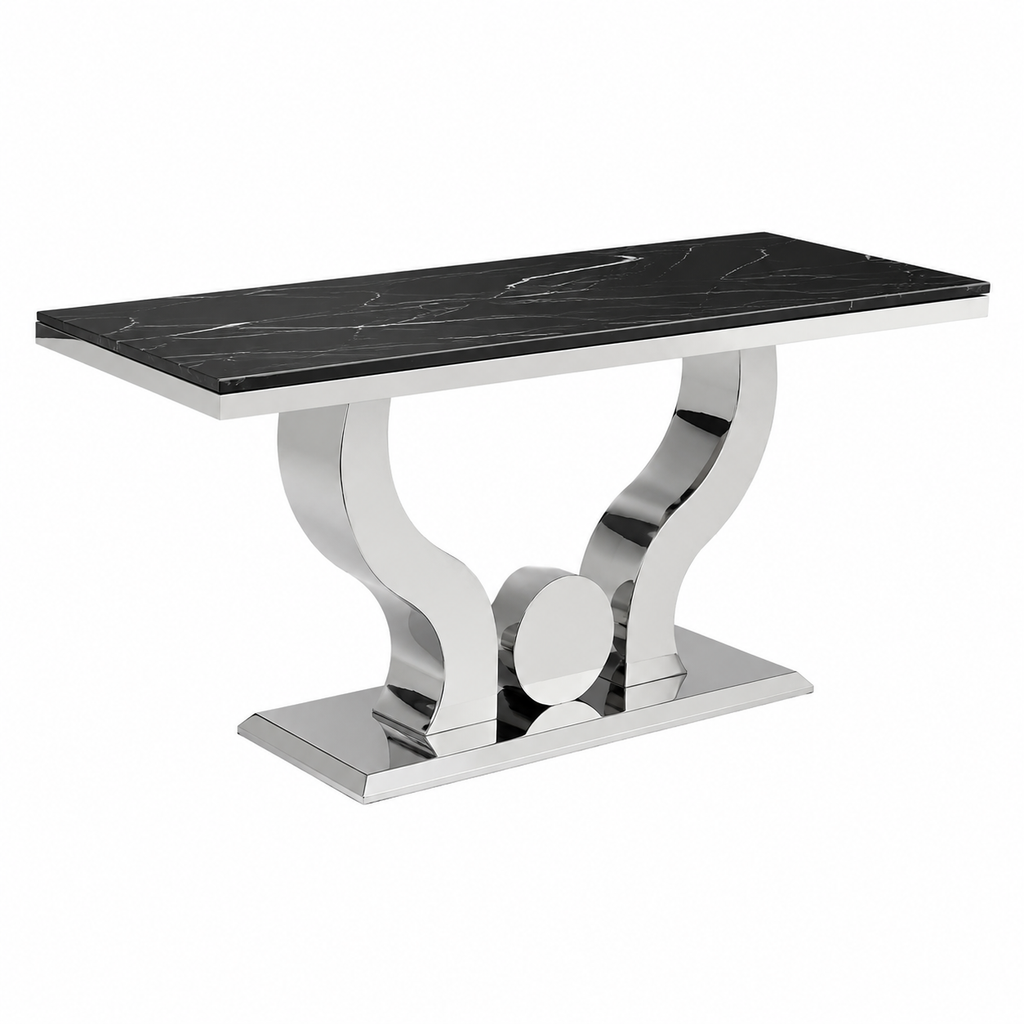 Table à manger en verre effet marbre noir pour 4 à 6 personnes