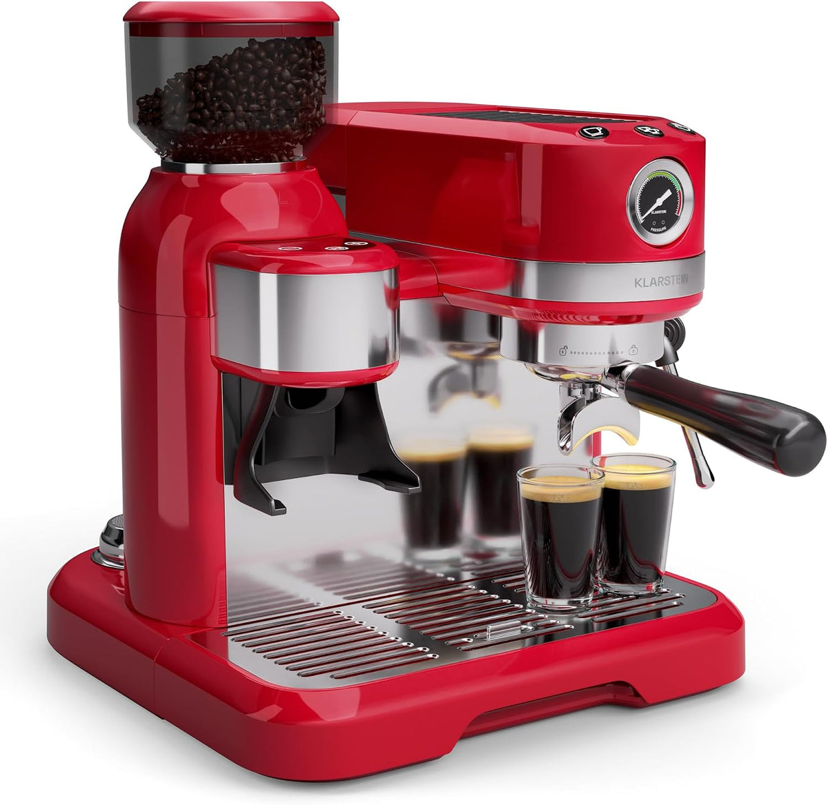 KLARSTEIN machine à café, 1550 W, 200 g, 1,4 L, Rouge, Bella Café en grains, broyeur intégré, réservoir, mousseur à lait