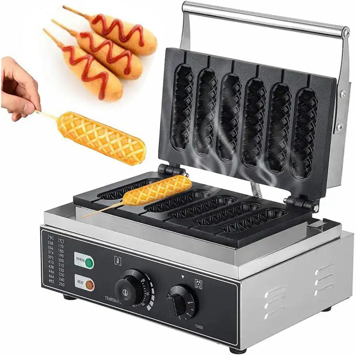 GEHPYYDS gaufrier, 1550 W, 110-240 V/50-60 Hz., Argenté, 6Pcs Machine à Hot-Dog de Maïs Électrique s à Muffins Français Antiadhésifs