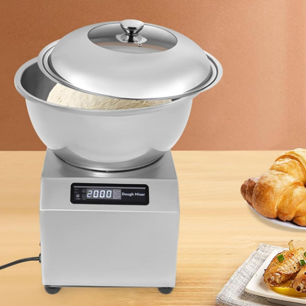 Oiyekntd Batteurs sur socle, 5 kg ; 8 kg (pâte + eau), 5 kg - 1 800 W ; 8 kg - 2 200 W, 8KG, Argenté/Transparent, Pétrin électrique Professionnel