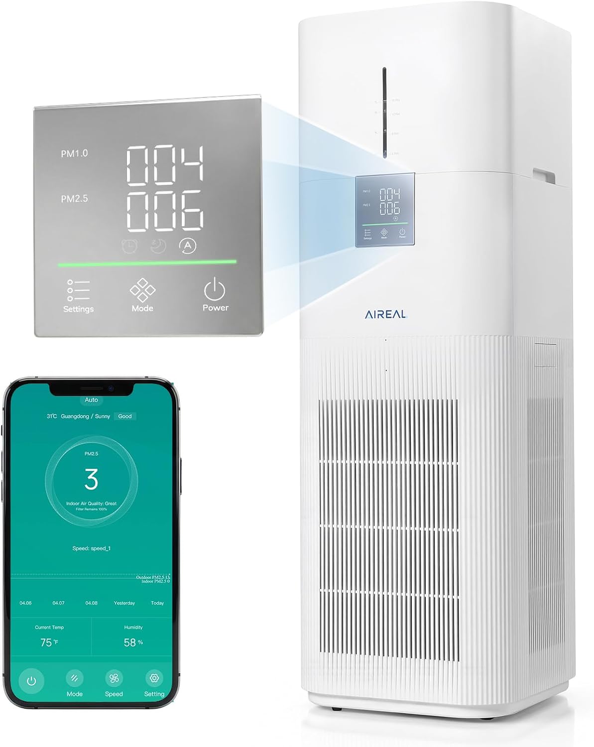AIREAL purificateur d'air, 325 m, 7 L, Blanc, et Humidificateur, Appareil 2-en-1 jusqu'à ², humidificateur évaporatif