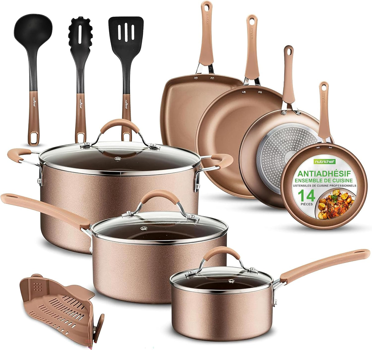 NutriChef batterie de cuisine, Doré, Antiadhésive, Poele et Casserole Induction, Comprenant Casseroles, Couvercles et Ustensiles de Cuisine