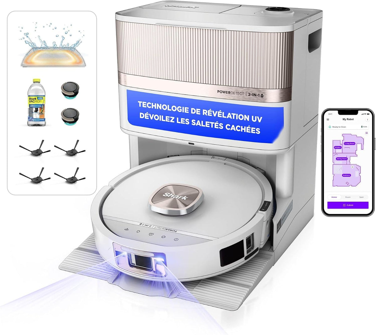Shark robot aspirateur, Blanc, PowerDetect UV Reveal et nettoyeur, station de charge auto-vidante, filtration HEPA anti-allergène