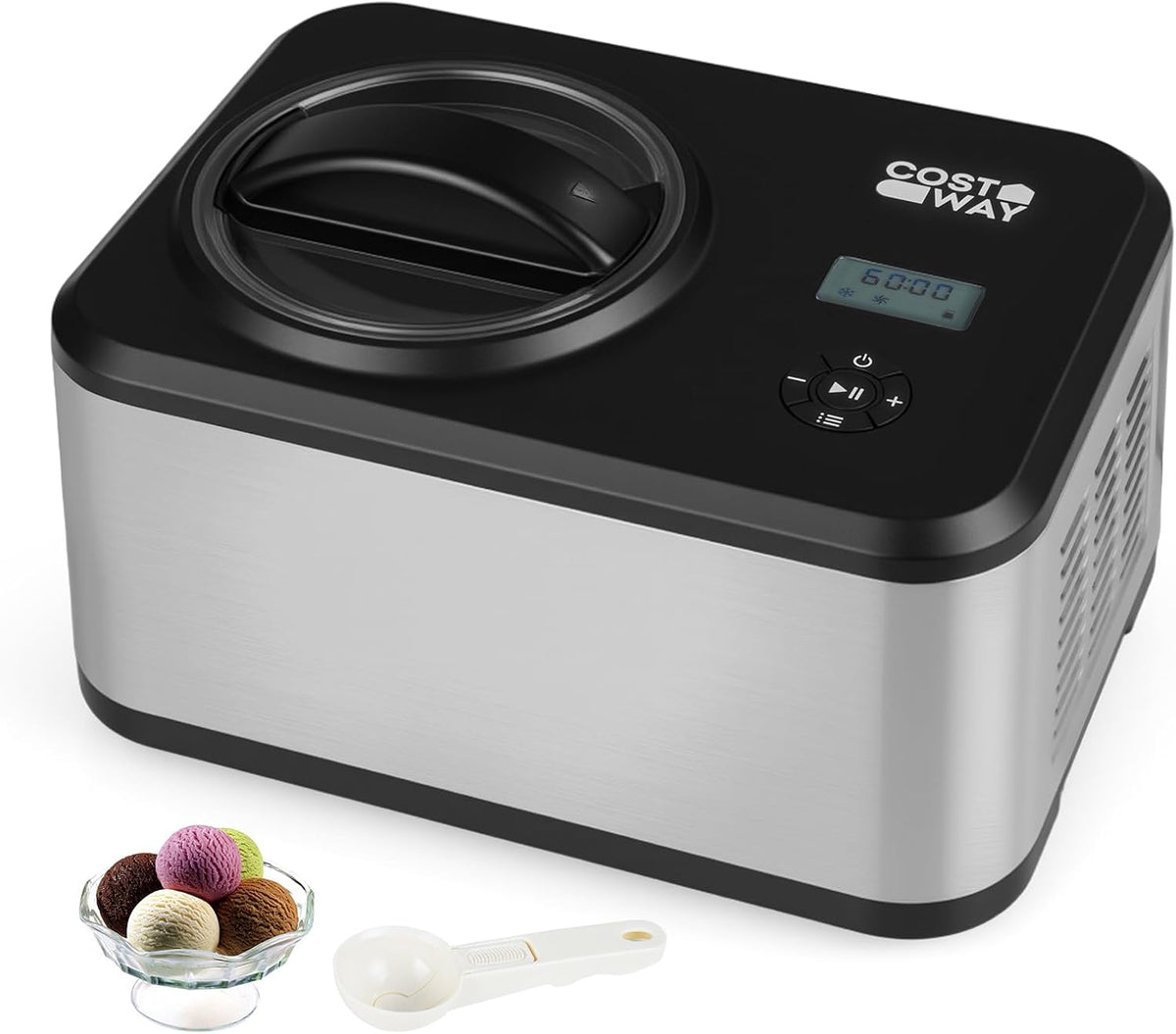 COSTWAY sorbetière, 1,5 L, 120 W, Argent et noir, Turbine à Glace Professionnelle Machine à Glace avec Écran LCD