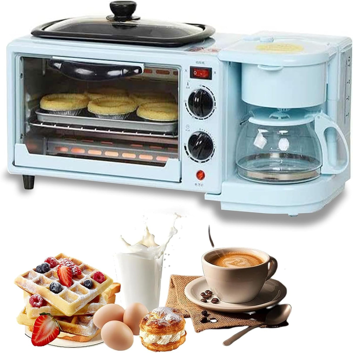 WOTZOV Petit électroménager, 455 x 180 x 205 mm, 1,2 L, 9 L, bleu, rose, noir, Station de Petit-déjeuner 3 en 1