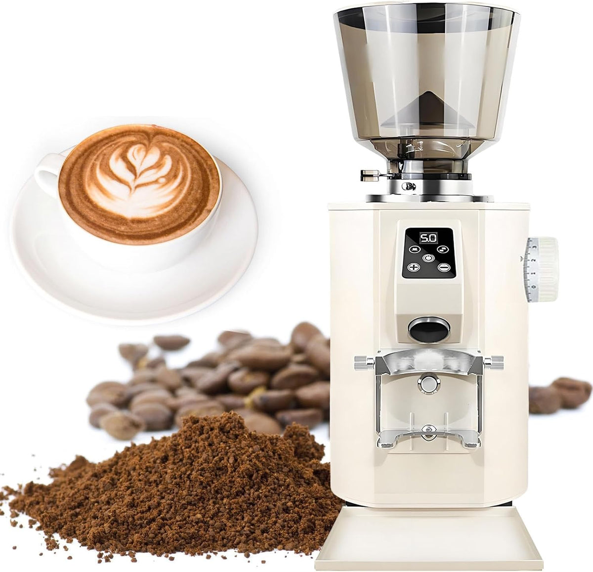 moupeaktain machine à café, 250 × 210 × 480 mm, 350 W | Vitesse : 2800 tr/min, 450 g, 64 mm, Beige, Moulin à Café électrique avec 9 Réglages