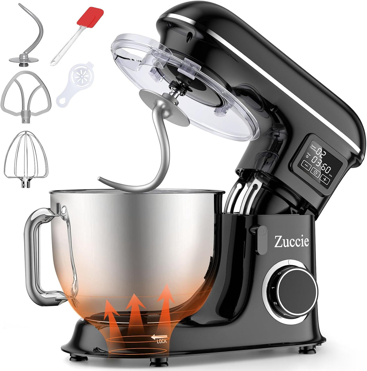 Zuccie robot pâtissier, 1500 W, 8 L, Noir, Crochet et Pare-éclaboussures, 6 Vitesses ( )