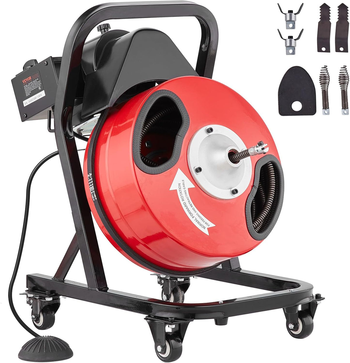 VEVOR Furets déboucheurs, 21,4 x 14,2 x 23,8 pouces / 545 x 360 x 605 mm, 15 m, 1,27 cm, 10 cm, Rouge + Noir, Commande à Pied par Air pour Tuyaux 5