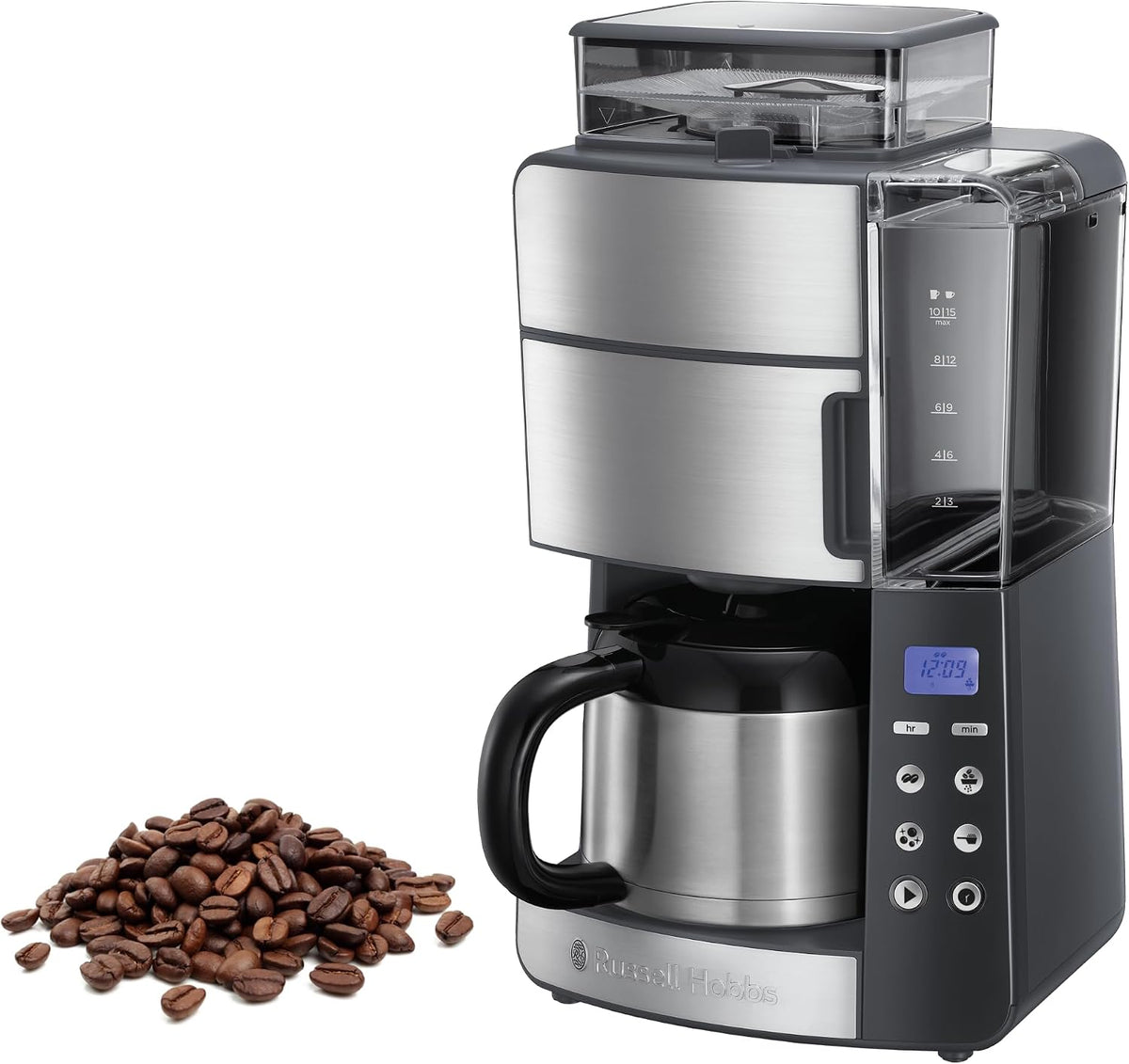 Russell Hobbs machine à café, 1000 W, Noir/Argenté, Cafetière Filtre Isotherme Semi Automatique, Moulin à Grains Intégré