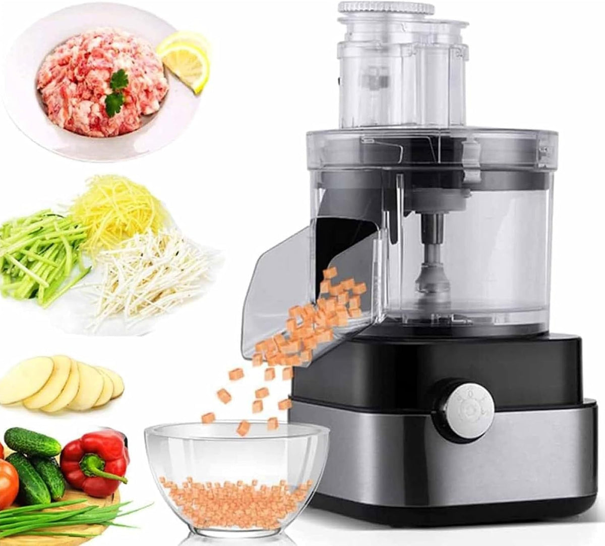 Hachoir Mini-robots et hachoirs, Noir, à légumes électrique commercial 5 en 1 multifonction pour hacher, couper en dés et déchiquetage