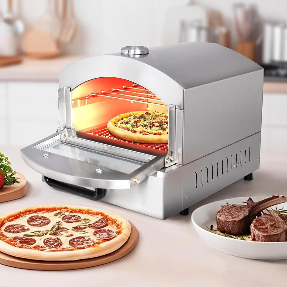 Four four à pizza, 42,5 x 52 x 41 cm, 2000 W, 110 V/220 V, Acier inoxydable, Argenté, À Pizza De Comptoir (Electrique/Gaz) Avec Hub-lot