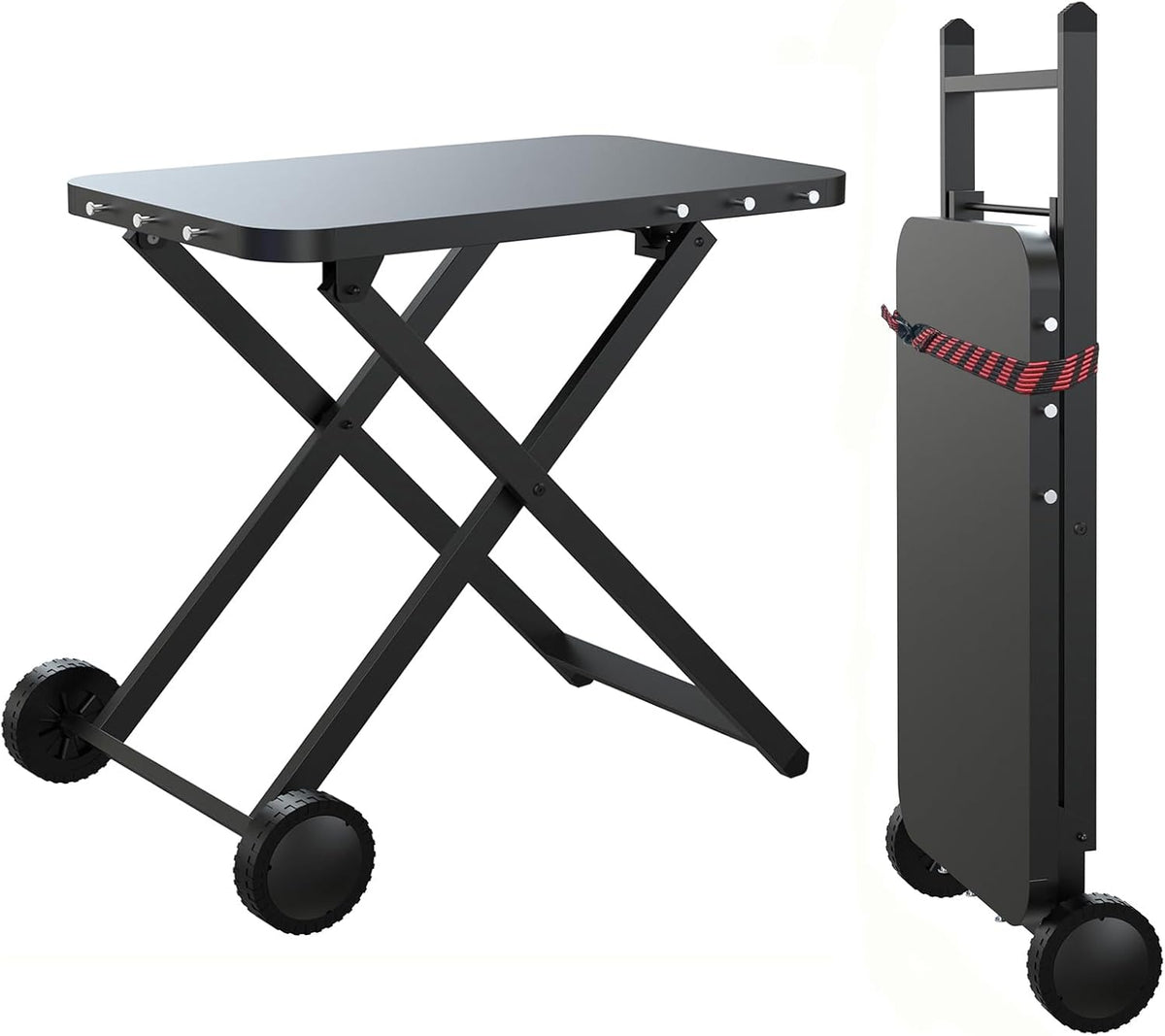 BBQCuker four à pizza, Noir/Argenté, Table de barbecue portable, table de préparation d'extérieur avec 2 roues