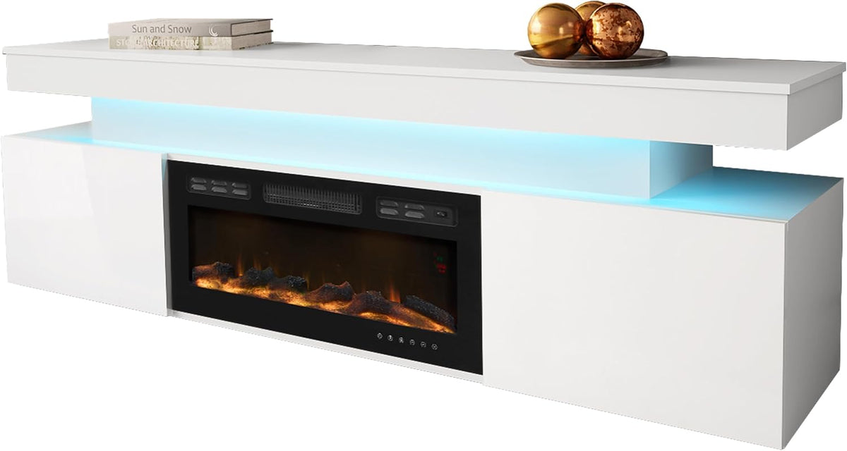 Mirjan24 cheminée électrique, Blanc, Meuble TV Serkuzo EF 2D, Meuble TV Pratique, Meuble TV Bas avec Ouverture sans Poignée