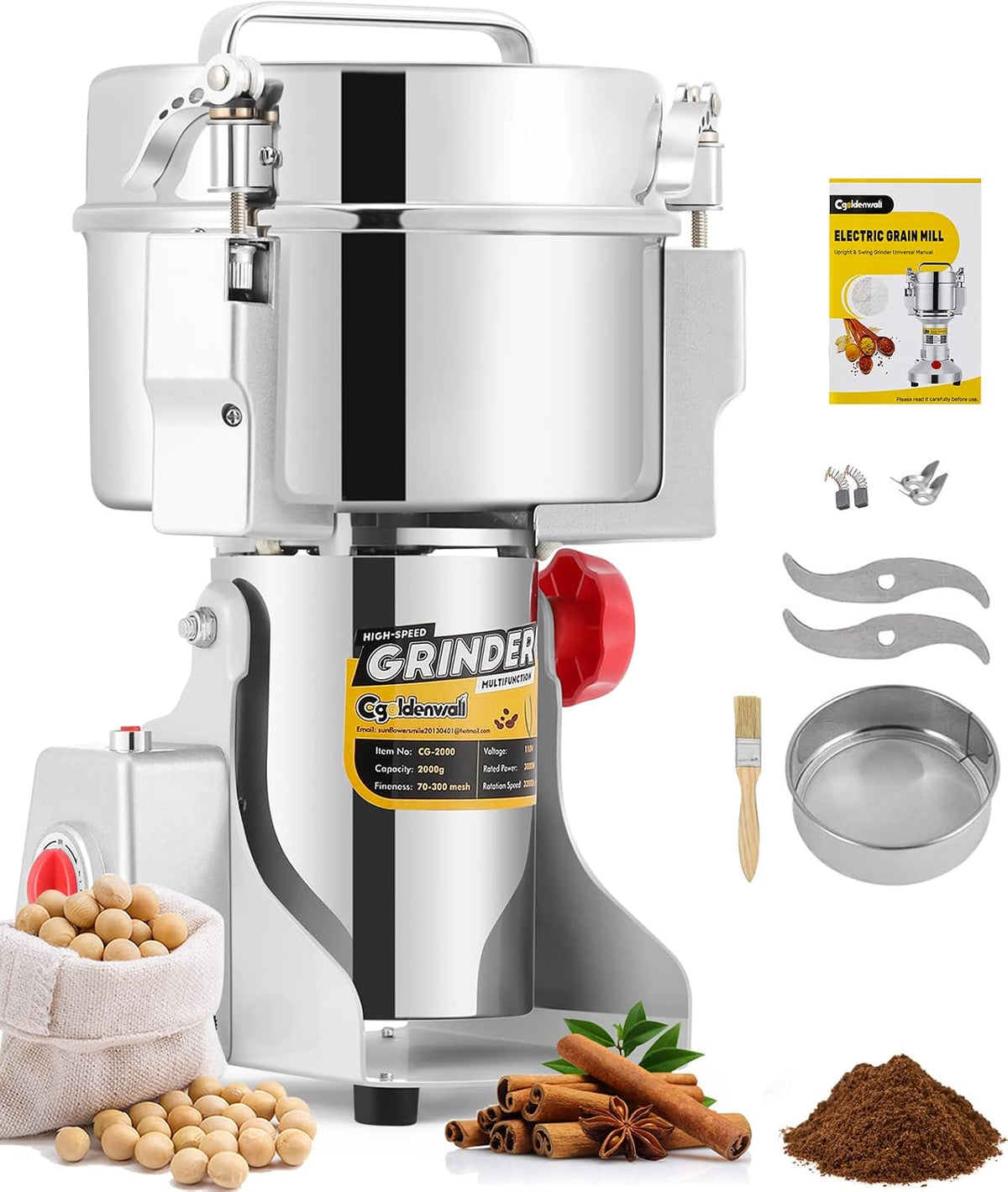 CGOLDENWALL broyeur, 2000 g, 32000 RPM, 3000 W, Argenté, Moulin à Céréales Électrique, Open-Cover-Stop, Minuterie