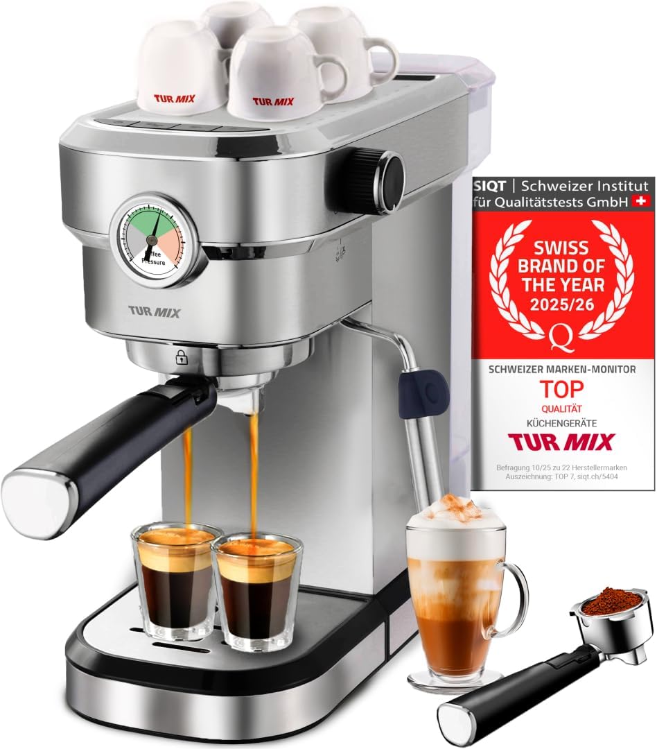 Turmix Machines à café automatiques, 16,9 cm, 20 Bar, 1,1 L, 1350 W, Noir/Argenté, Machine à Expresso Compacte Buse Vapeur seulement de large