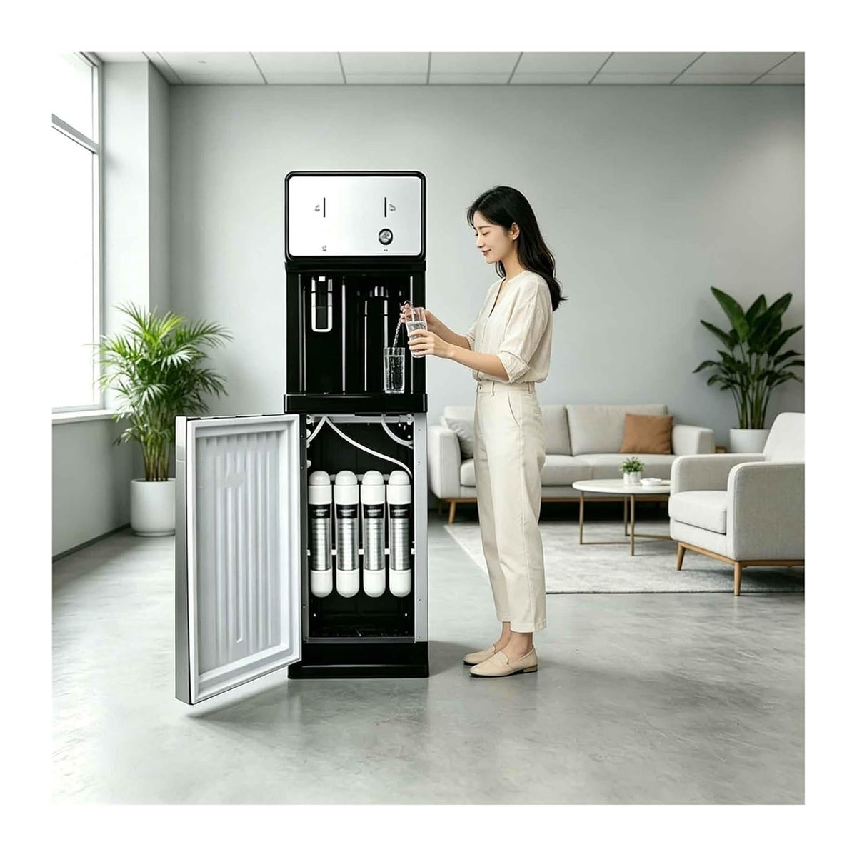Distributeur fontaine à eau, Noir, d'eau commercial, refroidisseur d'eau stagnante, 4 filtres intégrés, d'eau chaude instantanée