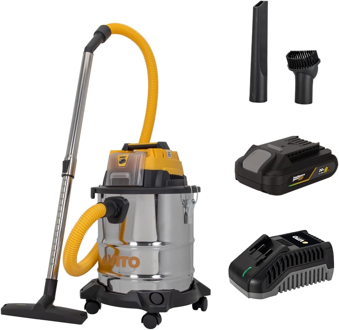 VITO aspirateur eau et poussière, 20 V, 20 L, 2 Ah, Argenté, Aspirateur Sans fil Eau et Poussières Cuve Inox + Batterie lithium