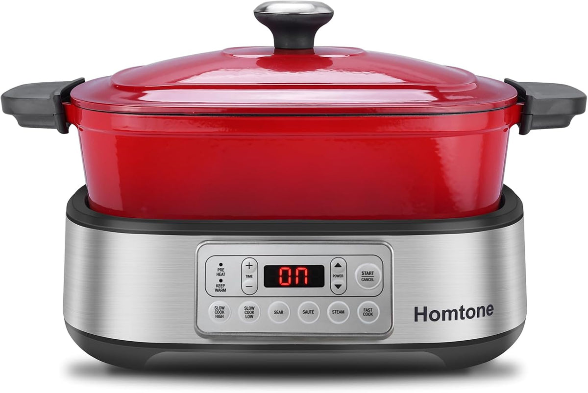Homtone Mijoteuses, 5,5 L, Noir, Mijoteuse électrique 6-en-1, Multicuiseur Cocotte Amovible en Email, Cuire à la Vapeur