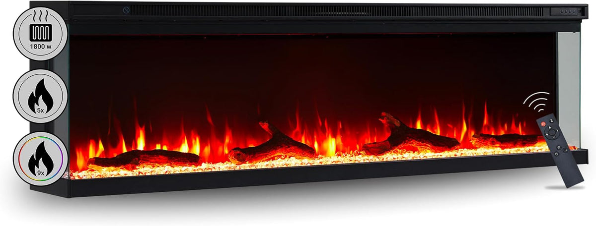 BALDERIA cheminée électrique, 1800 W, Noir, Murale/encastrable, Effet Flamme 3D LED, intensité Variable, Chauffage