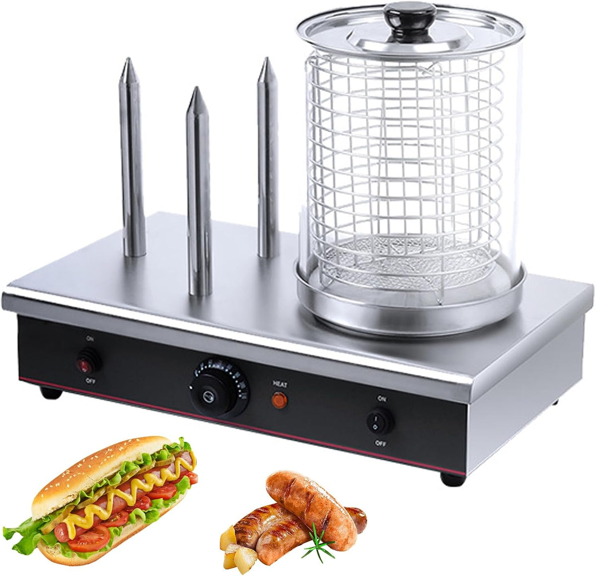 Cuiseur Appareils à hot dog, 700 W, Argenté, À Vapeur Professionnel Pour Hot-Dogs, Machine À Hot-Dogs Électrique De Avec 3 Tiges De Toastage