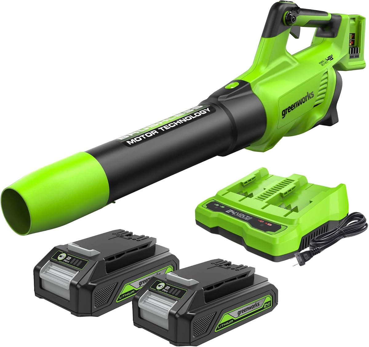 Greenworks Souffleurs de feuilles, 48 V, 16,4 m, 24 V, 2 Ah, Noir, Fonction Turbo, 217 km/h, Deux Batteries et Chargeur
