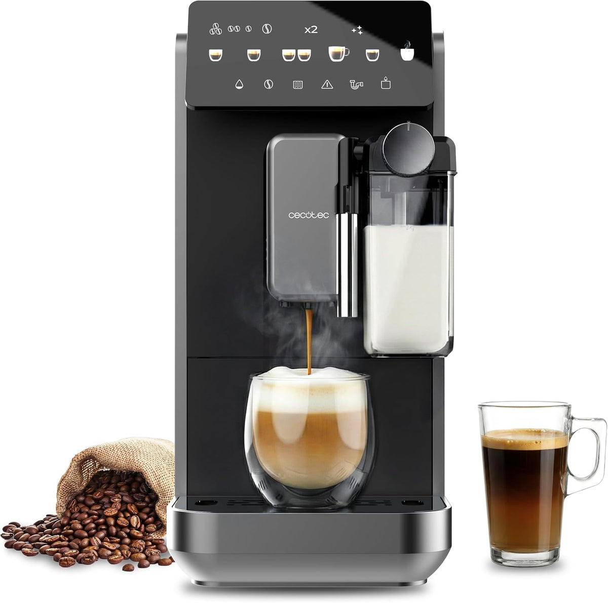 Cecotec machine à café, 2 L, 240 ml, 280 g, Noir, Cafetière Superautomatique Cremmaet Lungo Latte. 19Bars, Thermoblock