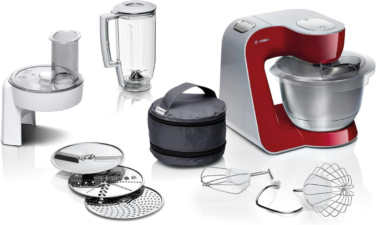 Bosch robot pâtissier, 1000 W, 3,9 litres, Argenté/Gris/Rouge, MUM58720, Acier inoxydable, Acier inoxydable et plastique