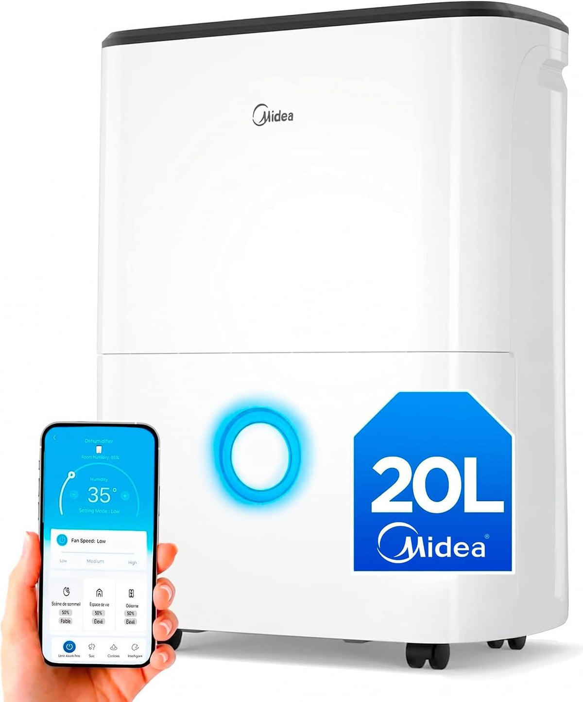 Midea déshumidificateur, 20 L, 50 m, Blanc, d air Anti Moisissure - WIFI/APP, Purification electrique, Adsorbeur d'humidité auto