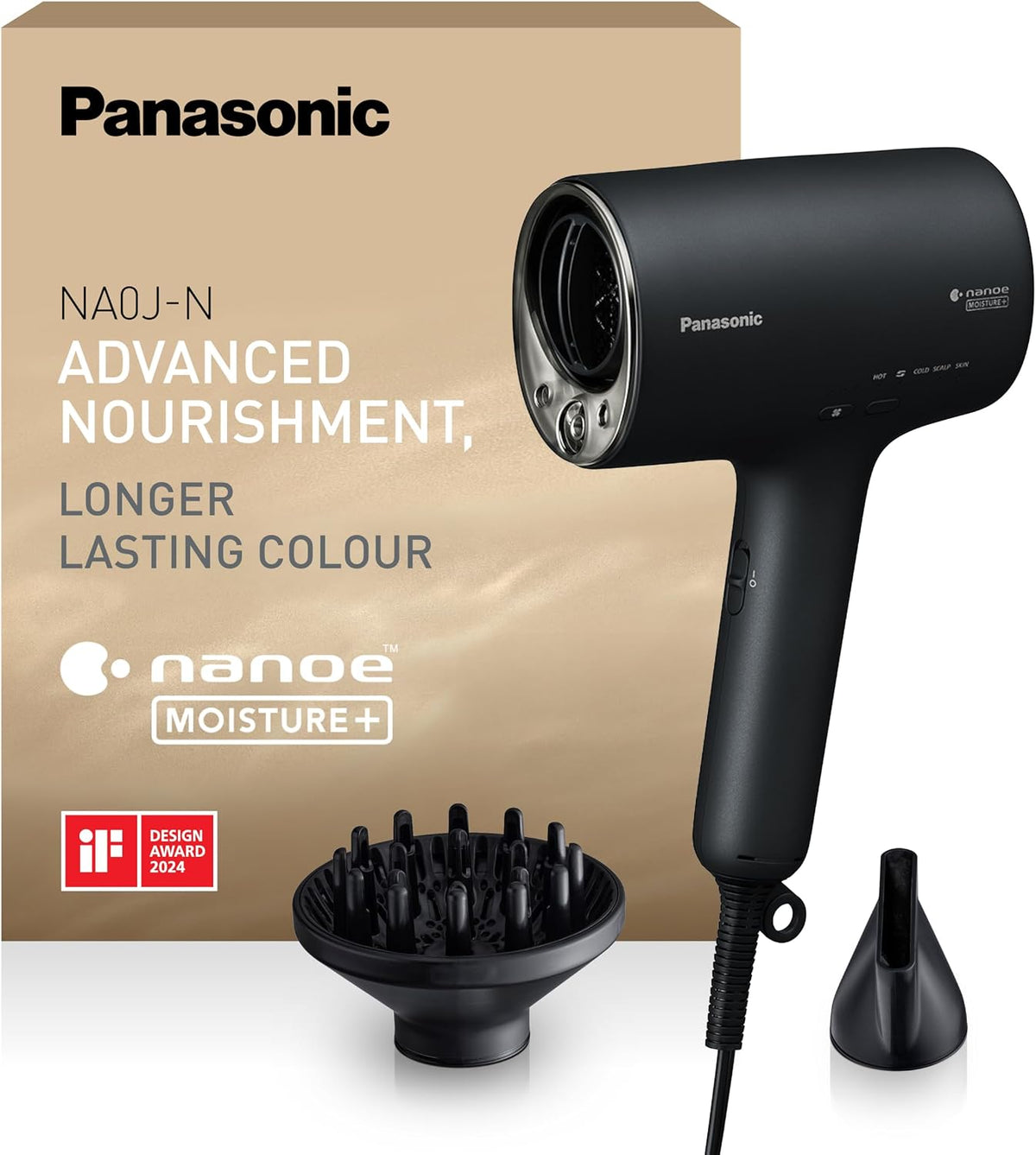 Panasonic Sèche-cheveux, 1600 W, Noir, EH-NA0J Nanoe MOISTURE+ Minéral Embout Concentrateur & Diffuseur, if Design Award 2023 Mode Chaud Froid
