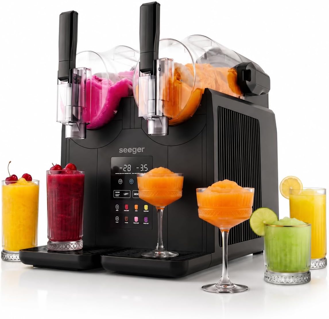 SEEGER sorbetière, 2 L, Noir, SuperSlush Twin, Machine à Granités Double 4 Liter, 7-in-1 Slush Machine, 7 Programmes Prédéfinis