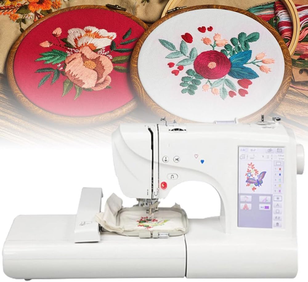 UIBAO machine à broder, 45 W, Noir, Numérique Informatisée avec Fonction Matelassage, 96 Motifs intégrés, 8 Motifs numériques et 10 Bordures