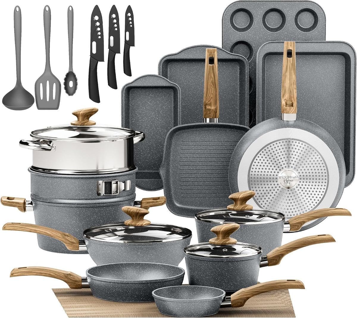 Kitchen Academy batterie de cuisine, Gris, Ensemble de casseroles 30 pièces avec revêtement
