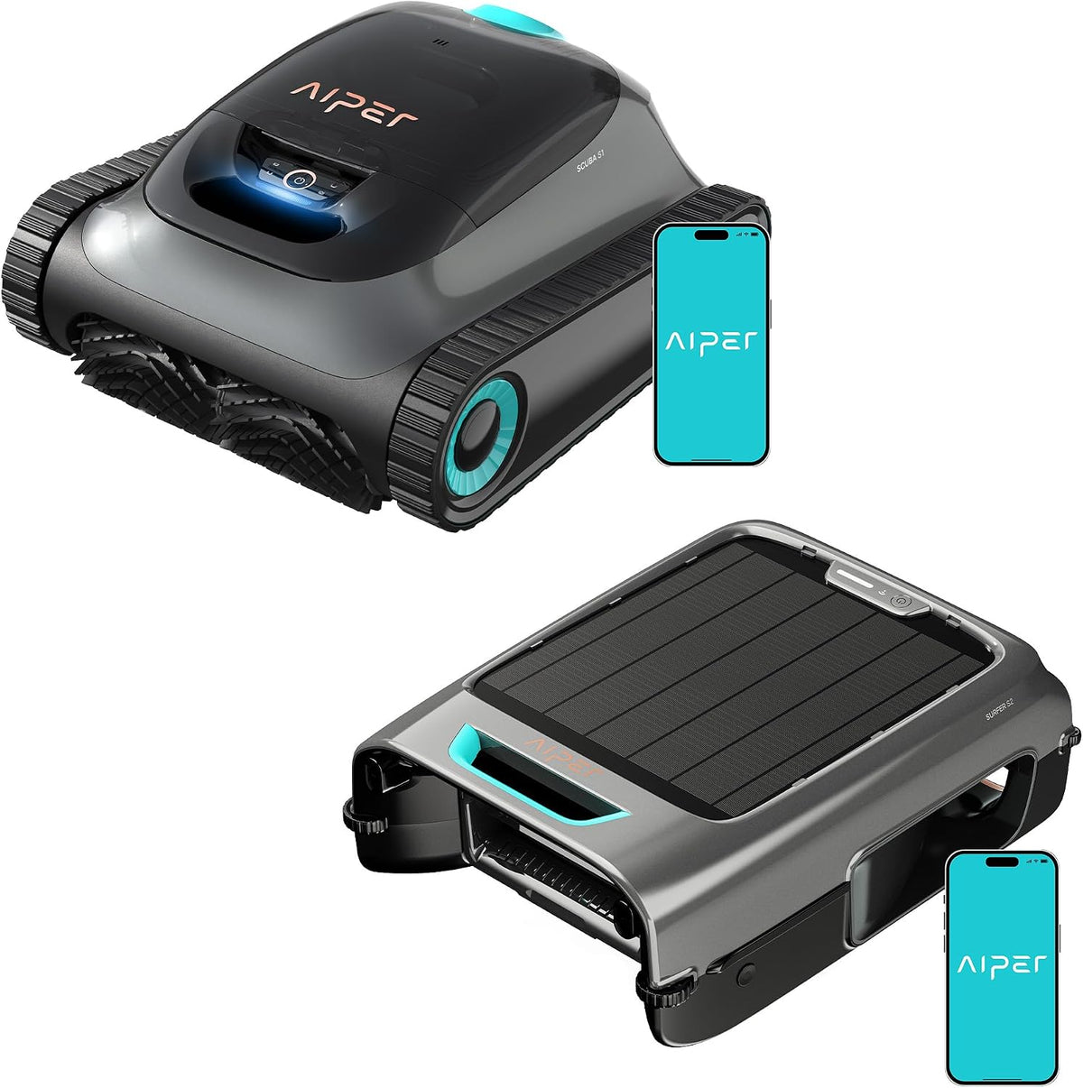 AIPER Systèmes de nettoyage automatique, Noir, (2026 Nouveau) Scuba S1+ EcoSurfer S2, Pack Robot Piscine sans Fil & Robot Skimmer Solaire