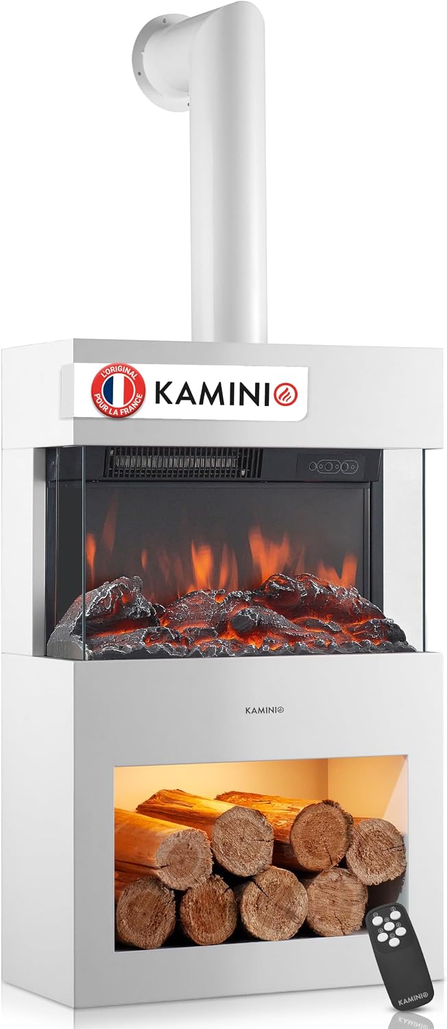 KAMINIO cheminée électrique, Blanc, ® Henri avec Chauffage & Tuyau de poêle, Cheminée décorative sur pied avec effet de flamme