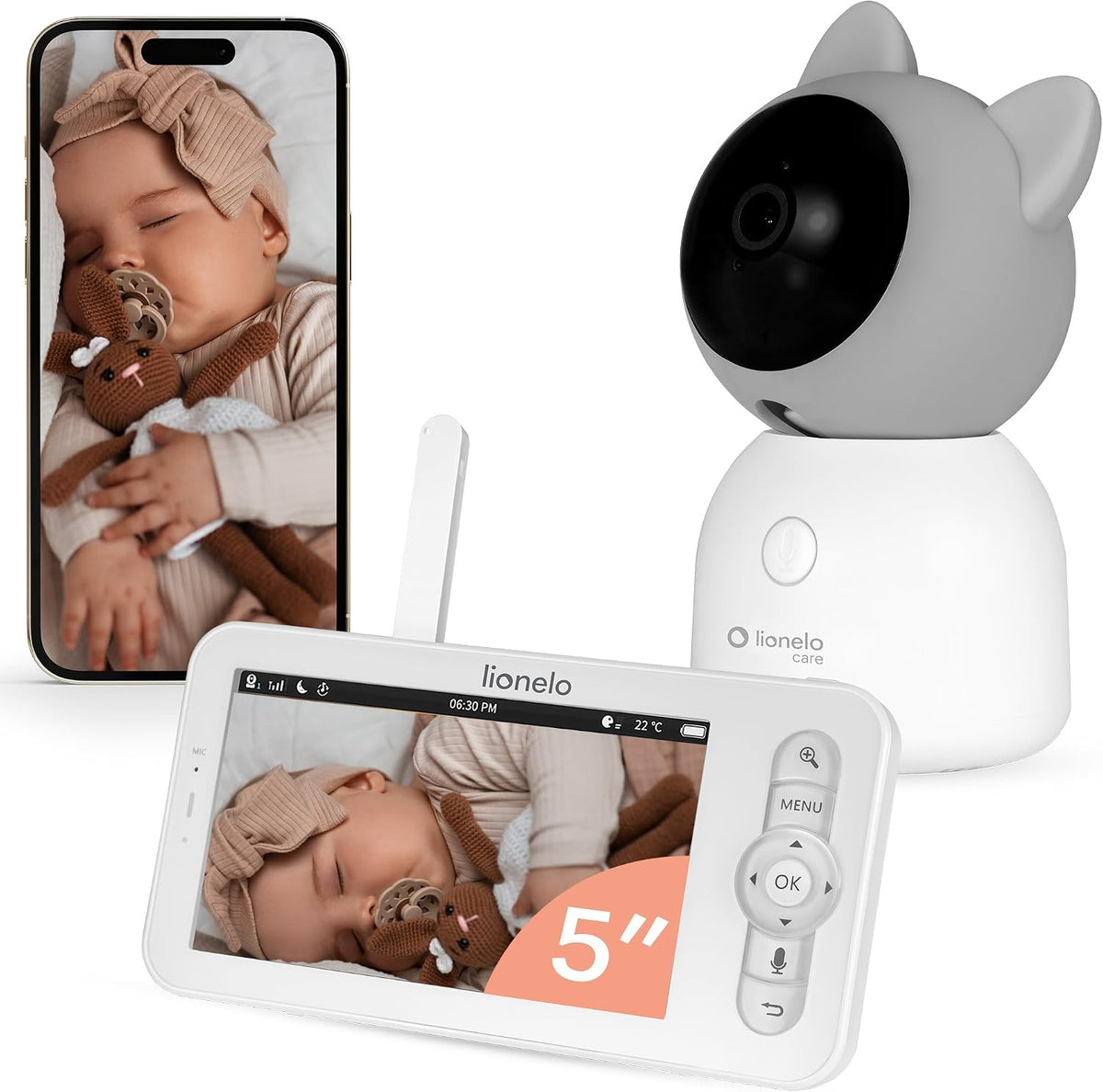 lionelo Moniteurs intelligents, Noir, Babyline 9.2 AI Babyphone Caméra 2K avec Écran 5', Wi-FI Bi-Bande