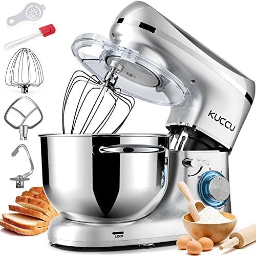 KUCCU robot pâtissier, 1500 W, 7 L, Argenté, Robot Patissier, double poignées Robot Pétrin Professionne, 6 Vitesses + P avec Crochet