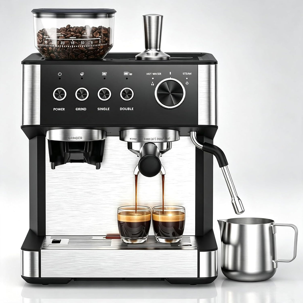 RBFGYIOP machine à café, 20 bar, 1500 W, 2,3 l, Noir/Argenté, automatique, broyeur et mousseur à lait, machine à expresso Espresso & Americano
