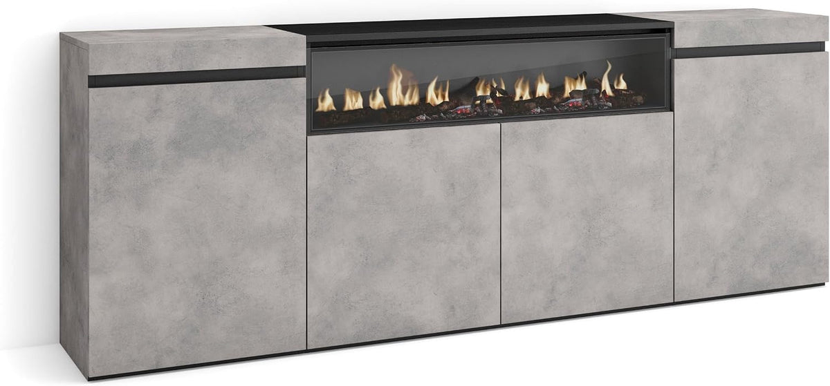 Skraut Home cheminée électrique, 200x75x35 cm, Noir, Buffet Salon et Cuisine, Meuble de Rangement, 4 Portes